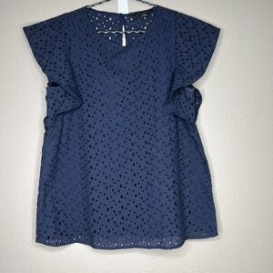Banana Republic Petite Navy Blue Eyelet Cap Sleeve Blouse Size SP